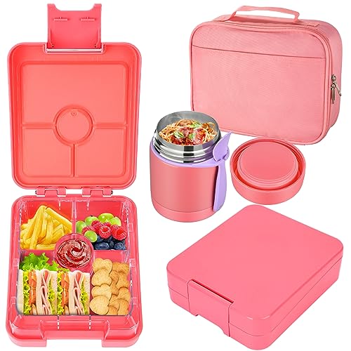 Bento Box with Thermos, Stainless Steel Food Jar for Hot-Cold Food or Soup,  Insulated Lunch Bag Ice Pack Set for Kids or Toddlers. Ages 3 to 7, Pink