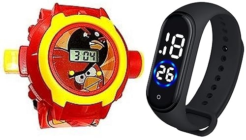 Kids Special Toys - Angry Bird Projector Band Watch + Jelly Slim Black Digital Led Band Watch