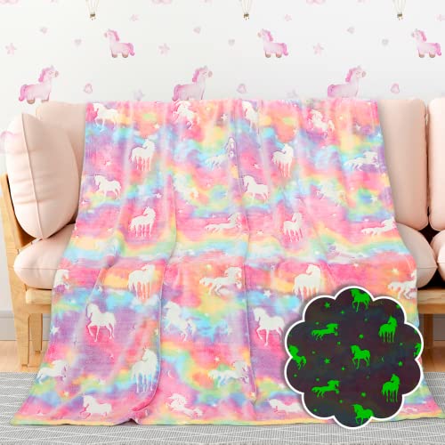 Kids Unicorn Soft Throw Blanket with Glow-in-the-Dark Feature