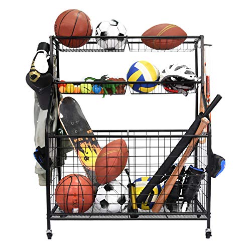 WEYIMILA Sports Equipment Organizer for Garage, Sports Storage for Garage,  Garage Toy Storage, Rolling Basketball Rack, Storage for Nerf Gun, Storage