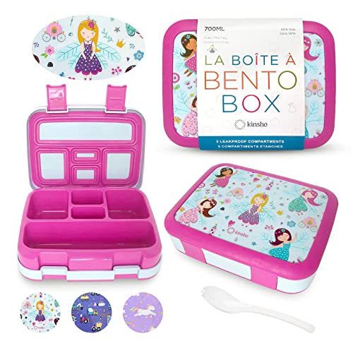 kinsho Bento Lunch Box for Kids Toddlers Girls, 5 Portion Sections Secure Lid, Microwave Safe BPA Free Removable Tray, Pre-School Kid Daycare Lunches Snack Container Ages 3 to 5, Pink Fairy Princess
