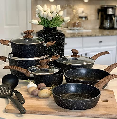 Kitchen Academy Cookware Set - 12 Piece Granite Black Nonstick Pots and Pans Set