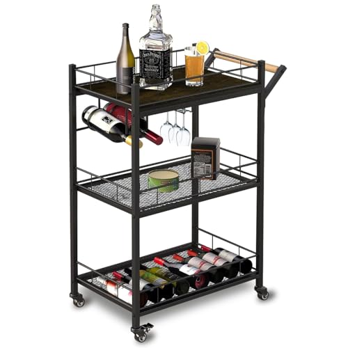 Kitchen Bar Cart for the Home, 3 Tier Industrials Bar Cart with Wine Rack and Wine Glass Holder, Mobile Wine Carts for Home with Lockable Wheels, Small Bar Wine Cart for Home, Kitchen Living Room, Par