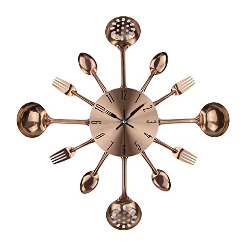 Kitchen Metal Copper Wall Clocks with Spoons and Forks 3D Removable Modern Creative Cutlery Kitchen Spoon Fork Wall Clock for Great Home Decor and Nice Gifts (Copper-40CM)