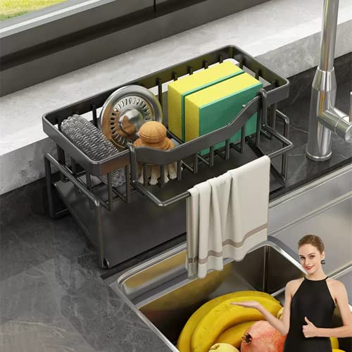 DMJWAN Kitchen Sink Caddy Sponge Holder Sink Caddy Organizer, 304 Stainless  Steel Holder for Sink,Countertop with Removable Drain Tray with Diversion