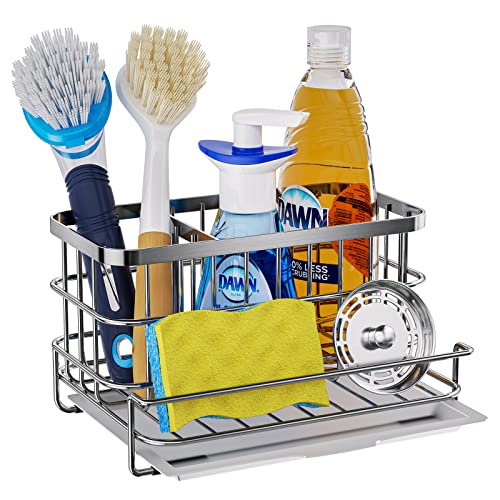 Consumest Sink Caddy, Kitchen Sponge Holder + Dish Brush Holder for Kitchen  Sink, Sink Organizer with Drip Tray for Countertop, Stainless Steel  Rustproof - Silver