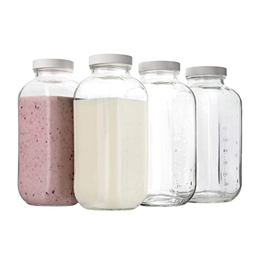 kitchentoolz Square Glass Milk Bottle with Plastic Airtight Lids - 4 Pack