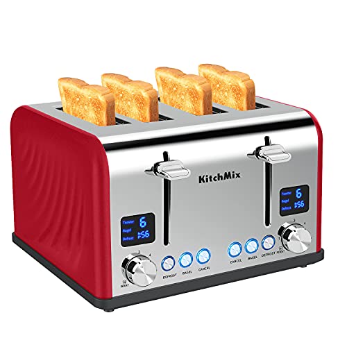 KitchMix Bagel Stainless Toaster with LCD Timer (Red)