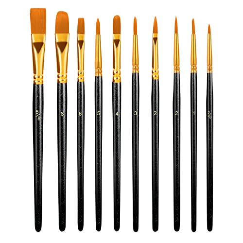 KitsKap 10-Pc Nylon Hair Paint Brush Set for Acrylic, Watercolor, Oil
