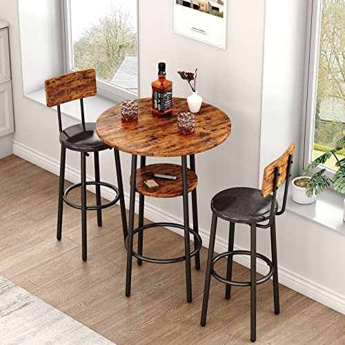 Rustic Brown 3-Piece Bar Table Set w/ Upholstered Stools