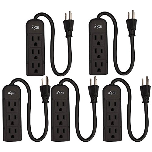 KMC 3-Outlet Power Strip Power Extension Cord 5-Pack,Outlet Saver,1-Foot Cord, ETL Listed