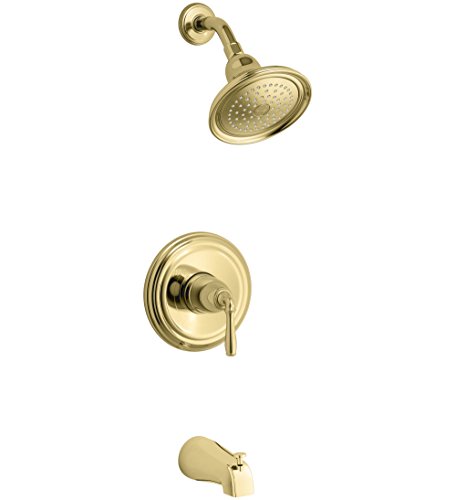 KOHLER TS395-4-PB, Polished Brass Devonshire Rite-Temp bath and shower valve trim with lever handle, NPT spout and 2.5 gpm showerhead