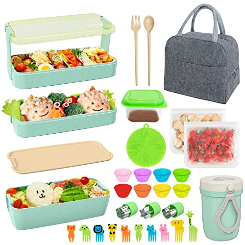 Rarapop Pink Stackable Bento Box Japanese Lunch Box Kit with Spoon & Fork,  3-In-1 Compartment Wheat Straw Meal Prep Containers for Kids & Adults