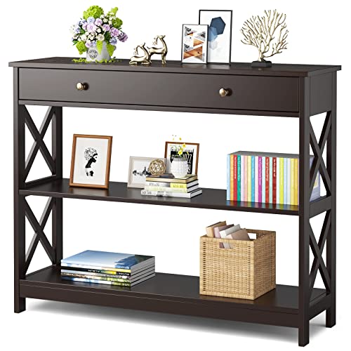 KOTEK 3-Tier Console Table with Drawer and Shelves (Espresso)