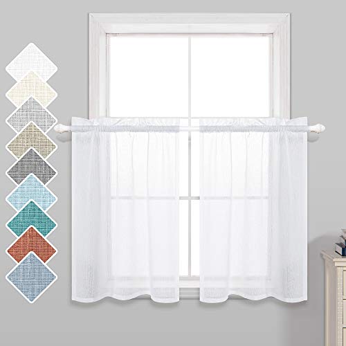 KOUFALL Tier Curtains for Kitchen 24 Inches Long 2 Panels Set Rod Pocket Casual Weave Linen Textured Cafe Curtain Light Filtering Semi Sheer Short Curtains for Bathroom Half Window 30x24 Length White