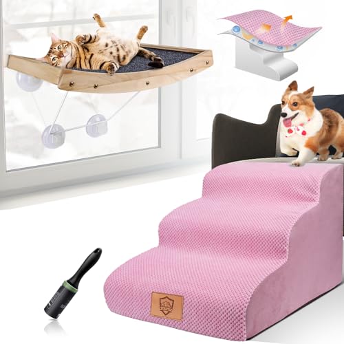Kphico Cat Window Perch,Cat Hammock Window Seat with 4 Heavy Duty Suction Cups for Large Cats &Kittens,11.8" 3 Tiers Non-Slip High Density Foam Dog Steps for Dogs Injured,Older Cats,Pet with Joint Pai