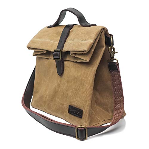 Brown Insulated Waxed Canvas Lunch Bag with Strap and Handle