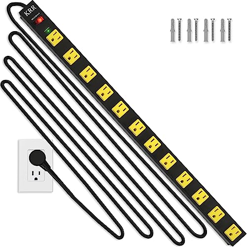 KRR Heavy Duty Power Strip Surge Protector, 12 Outlet 30 Inch Long Metal Power Strip 1800J Surge Protector Flat Extension Cord 10 FT Industrial Power Strip with switches, 15A Circuit Breaker 30Inch