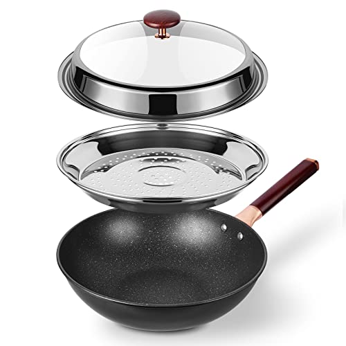 Kseroo 12.5” Woks & Stir-Fry Pans - Nonstick Ceramic Wok Set with Lid and Steamer