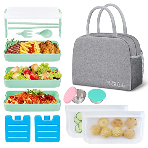 KUBYA Bento Lunch Box Set - Leak-Proof 3-In-1 Compartment with Accessories