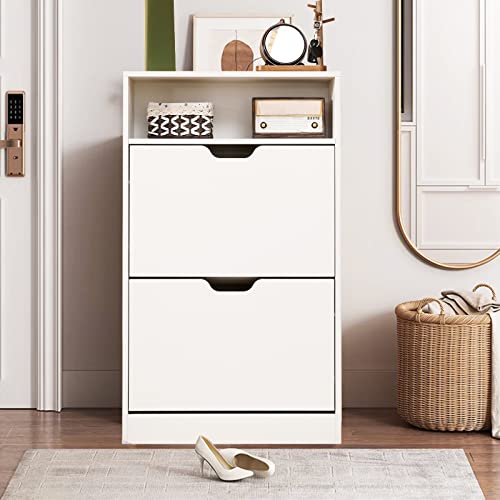 KUMIUNION Shoe Cabinet with Flip Doors & Adjustable Shelf