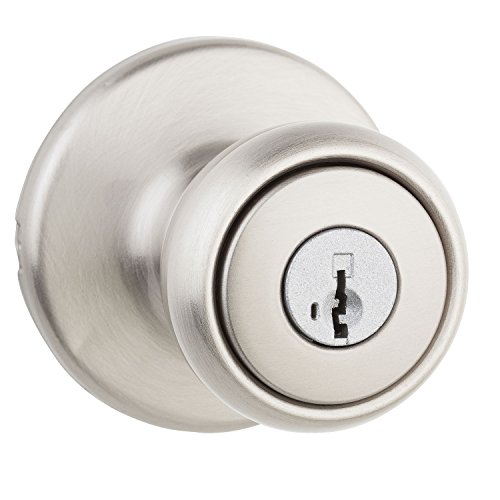 Kwikset Tylo Entry Door Knob with Lock and Key, Secure Keyed Handle Exterior, Front Entrance and Bedroom, Satin Nickel, Pick Resistant SmartKey Rekey Security and Microban