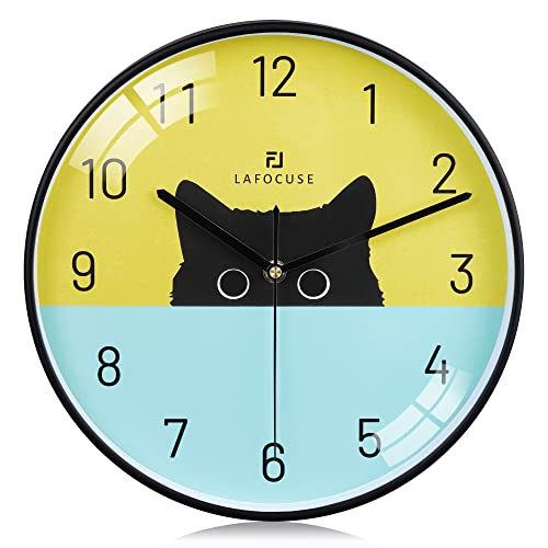 Lafocuse Silent Non Ticking Black Cat Wall Clock for Cat Lovers, Colorful Cute Wall Clock for Kids Bedrooms, Children Wall Clocks for Girls Battery Operated 12 Inch