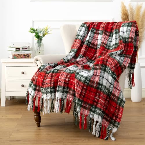 LALIFIT Plaid Throw Blanket with Fringes Green Red Christmas Home Decor Blankets Super Soft Cashmere Blanket for Couch Sofa Farmhouse Halloween etc 50" x 60" Inches(Xmas)
