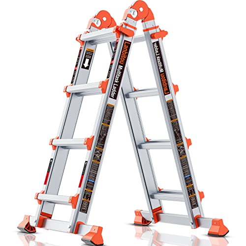 LANBITOU 14ft Telescoping Aluminum 4 Step Ladder, Anti-Slip, 330 lbs Load
