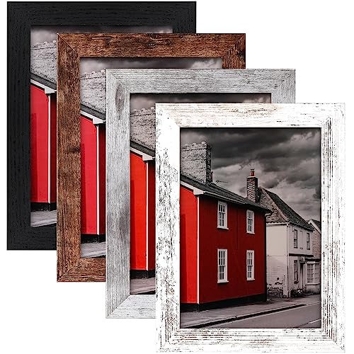 LANDNEOO 5x7 Picture Frame Set of 4, Wood Farmhouse Style Frames, Display Pictures 5x7 with Mat or 4x6 Without Mat for Wall Mounting or Table Top Display, Multicolour