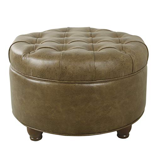 Large Button Tufted Faux Leather Round Storage Ottoman