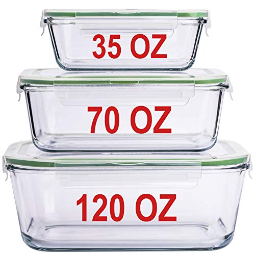 LARGE Glass Food Storage Containers with Locking Lids - Set includes 3 containers
