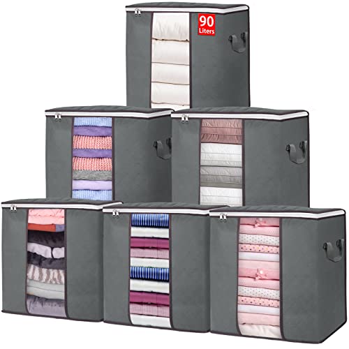 Large Storage Bags, 90L Clothes Storage Bins, Foldable Closet Organizers Storage Containers with Clear Window, Reinforced Handles, Thick Fabric for Blankets, Comforters, Clothing, Bedding, 6 Pack