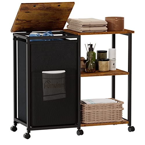 Laundry Cart with Wooden Side Shelf and Laundry Bag