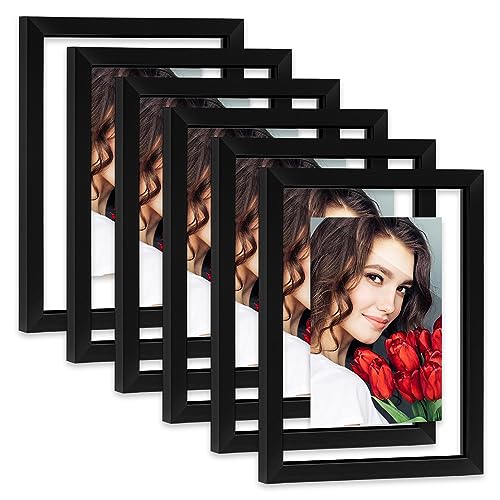 Floating Picture Frame Set of 6, Double Glass for Pictures, 8x10 Display, Black