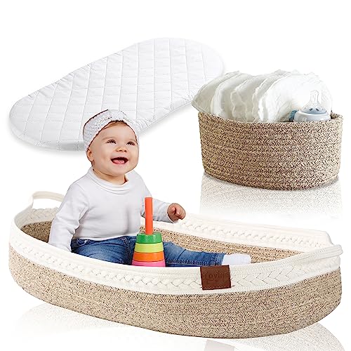 Trendy Baby Changing Basket- Unisex Baby Moses Basket Set of 4 Pieces,  Waterproof Pad Cover, Caddy Diaper Organizer,Cotton Blanket - Boho Basket 