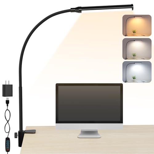 LED Desk Lamp with Clamp, 3 Colors Stepless Brightness Adjustable