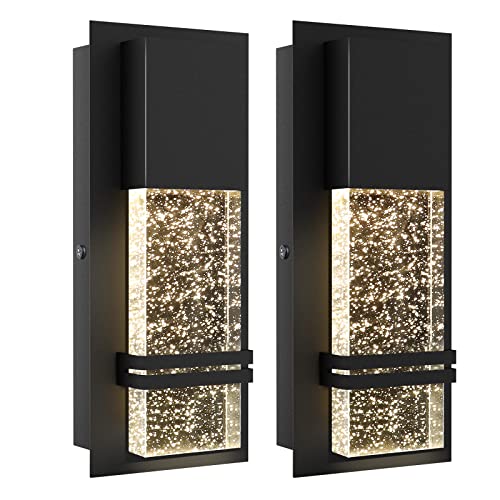 Modern Crystal Bubble Glass Outdoor Wall Sconce, 12W 3000K Matte Black 2 Pack