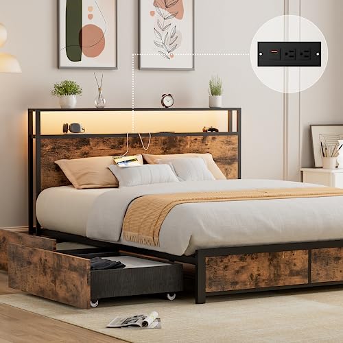 LED Lights Bed Frame with Headboard Storage Drawer