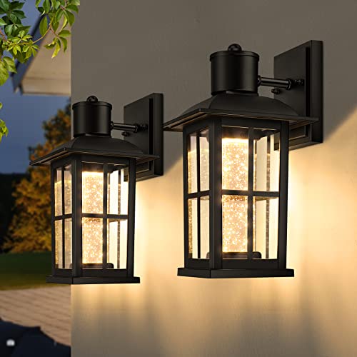 LED Outdoor Wall Sconce Black Porch Light with Crystal Bubble Glass