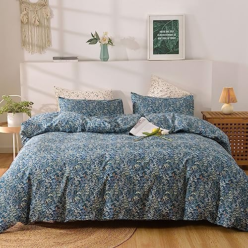 Lekesky Cotton Duvet Cover Queen - Blue Floral Bedding Set