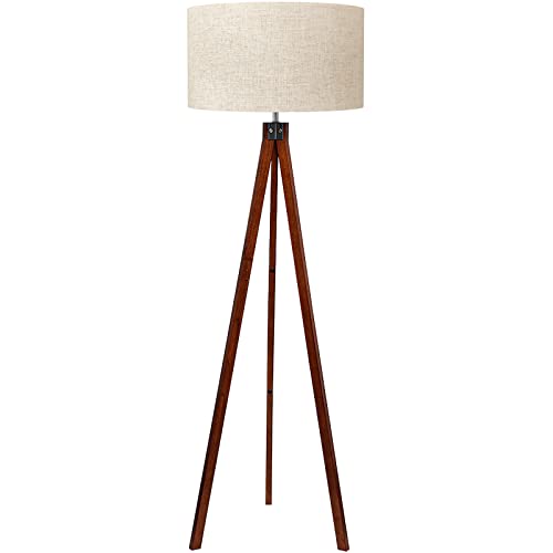 Mid Century Wood Tripod Floor Lamp with Flaxen Lamp Shade