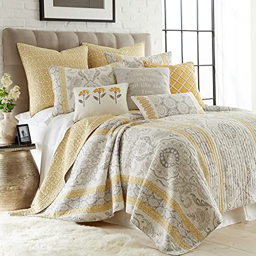 Levtex Home - St. Claire Quilt Set - Full/Queen Quilt + Two Standard Pillow Shams - Suzani and Paisleys - Grey and Yellow - Quilt Size (88x92in.) and Pillow Sham Size (26x20in.) - Reversible