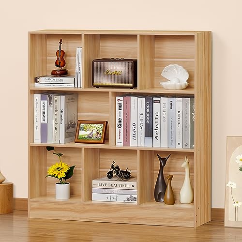 8 Cube Bookshelf with Base, 3-Tier Natural Wood Bookcase
