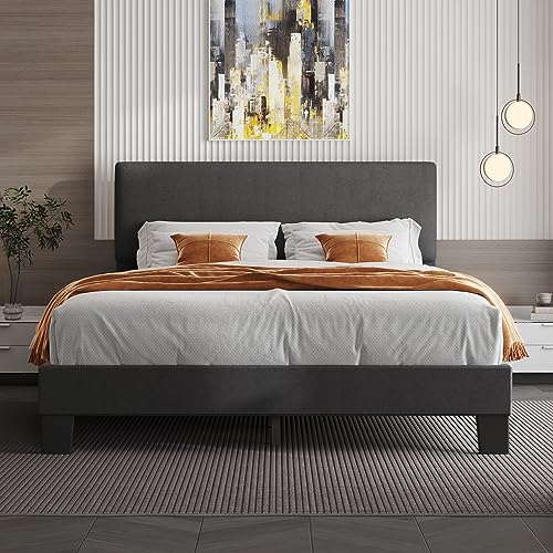Lifezone Queen Upholstered Bed Frame with Wood Slats, Dark Grey