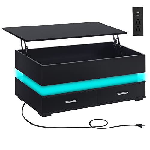Lift Top Coffee Table with Charging Station and LED Lights