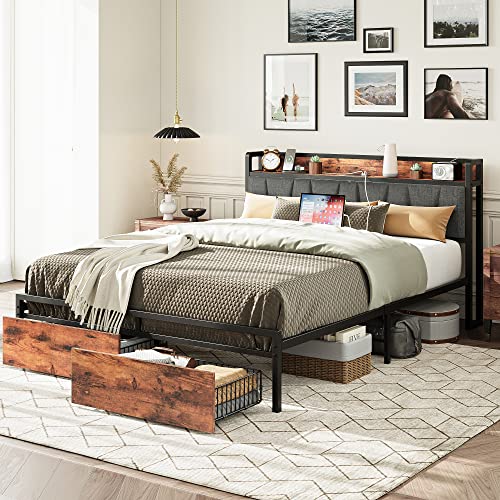 LIKIMIO Full Size Bed Frame with Storage Headboard and Drawers
