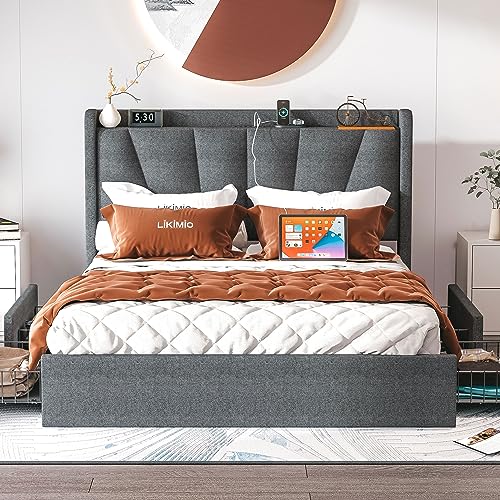 LIKIMIO Queen Bed Frame with Upholstered Headboard and Storage Drawers