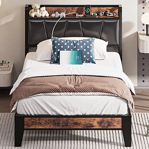 LIKIMIO Twin Bed Frame with Storage Headboard and Charging Station