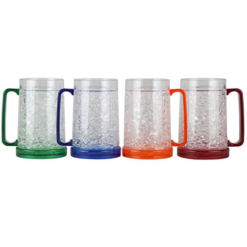 Granatan Beer Mugs with Gel Freezer 16 oz, Clear Double Walled Beer Mugs with Handles Set of 4